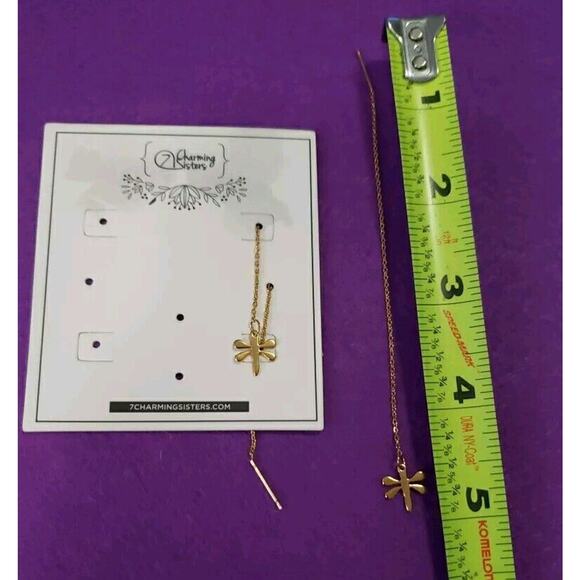 Dragonfly Long Dangle Threader Chain Earrings Shiny Yellow Gold Tone New - Picture 4 of 5